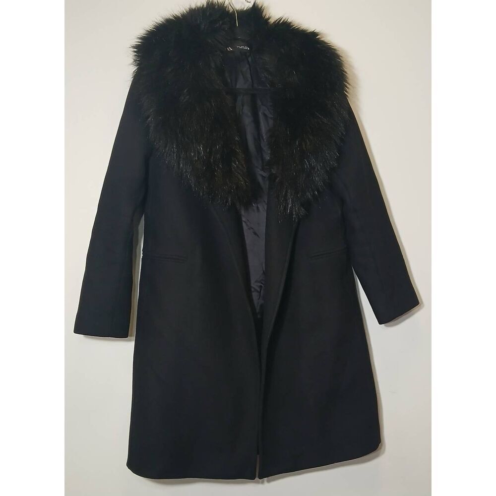 Zara womens small manteco wool coat black long penny lane faux fur jacket